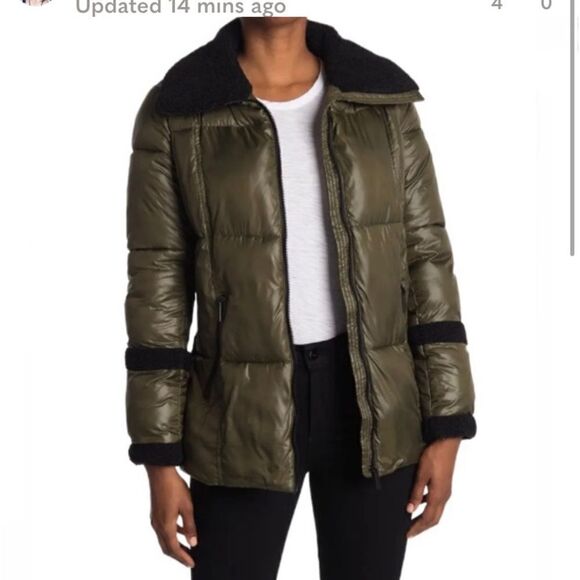 French Connection Puffer Jacket Coat Women's sz Medium Green/Black Faux Fur - Picture 1 of 16